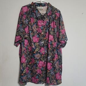 Womens Top Sz 5X Pink Floral Plus Size Button Up Blouse Joanna USA Black Magenta